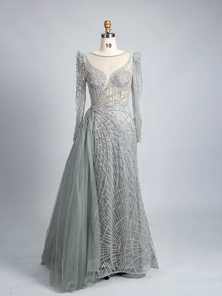 

Women's Elegant Evening Dresses Muslim Gold Mermaid Beaded Luxury Dubai NEW Gowns With Overskirt Prom Wedding Party
