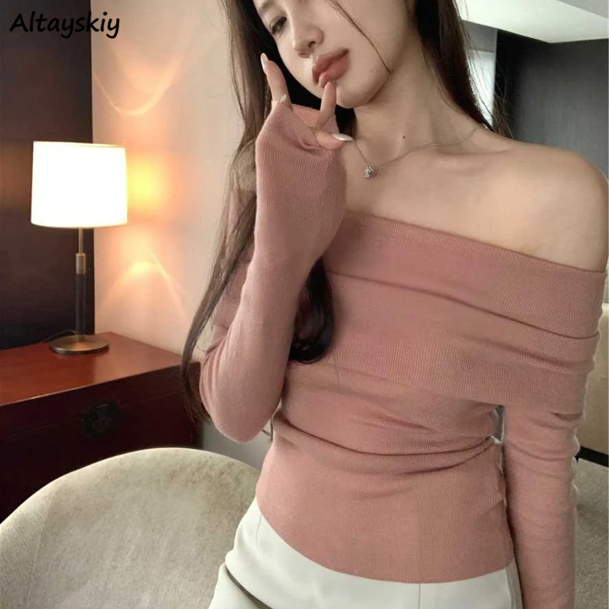 

Apricot Pullovers Women Spring Solid Slash Neck Long Sleeve Short Knitted Slim Basic All-match Sexy Elegant Off Shoulder Female