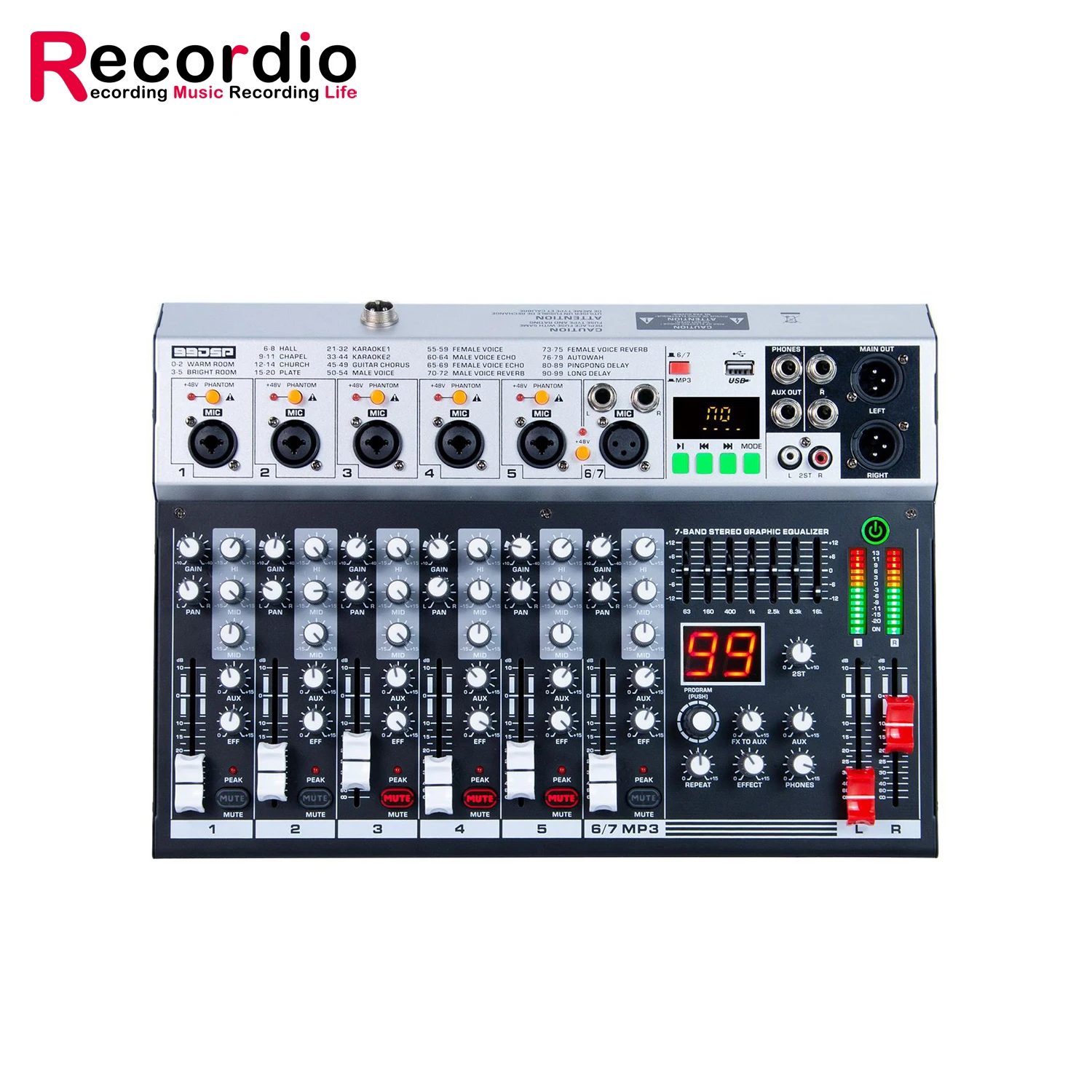GAX-KS70 Recordio 프로페셔널 99dsp 이펙트 7채널 오디오 믹서 디지털 리버브 Mp3 BT 레코딩 오디오 믹싱 콘솔