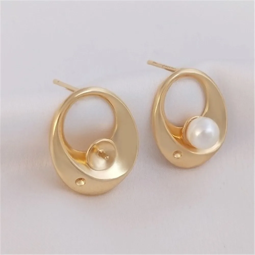 925 Silver Needle Half Hole Bead Earrings 14K Gold Egg Shaped Pearl Empty Earrings DIY Handmade Earrings E207