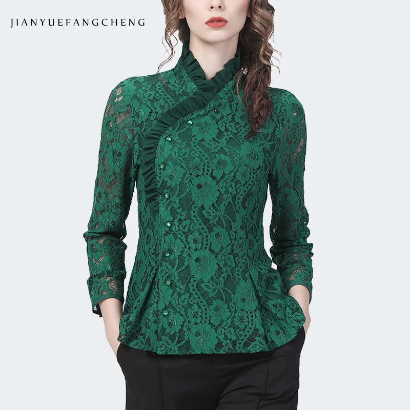 

Fashion 2022 Spring New Women Green Lace Shirt Hook Flower Hollow 3/4 Sleeves Ruffled Stand Collar Vintage Bodycon Tops Blouses