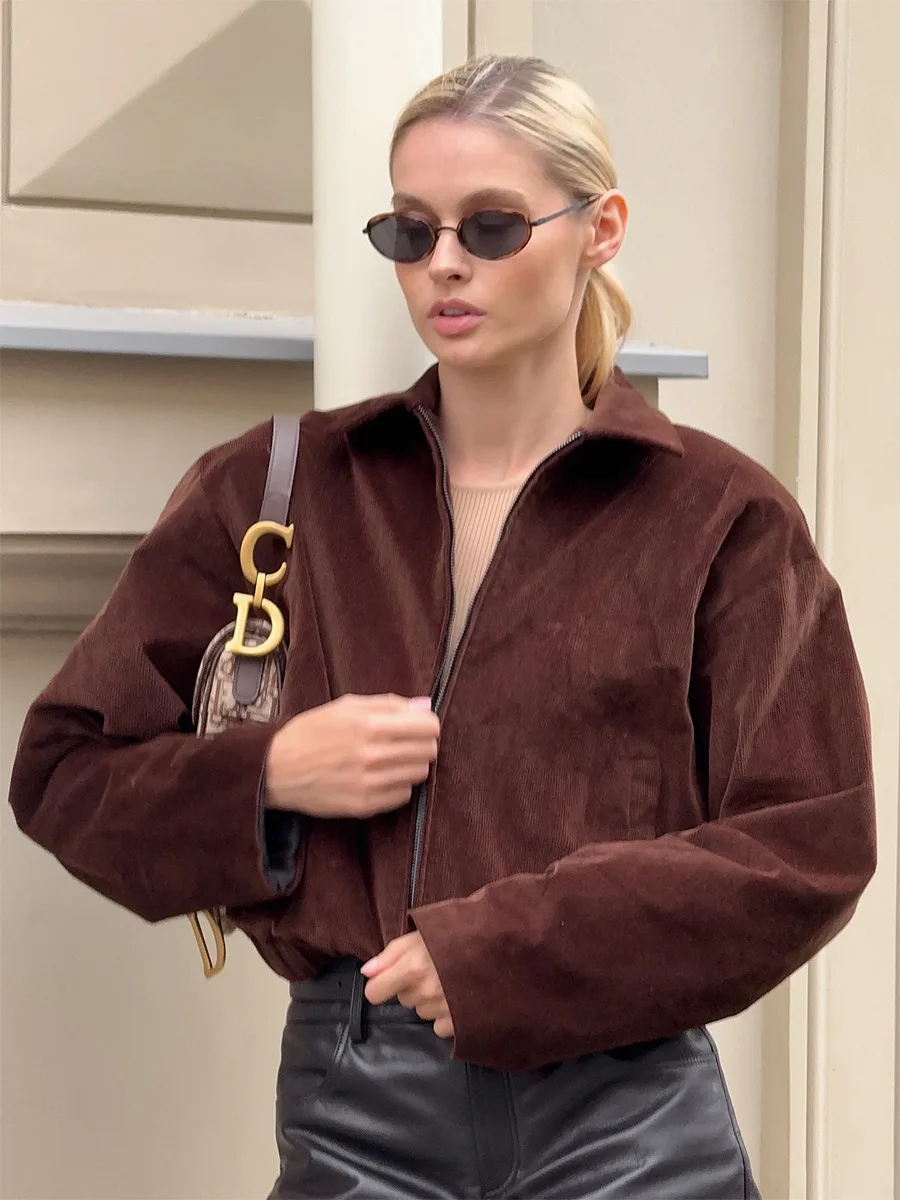 Bornladies Women's New Cotton Retro Brown Corduroy Jacket Lapel Collar Trendy Zip Up Autumn Fashion Jackets