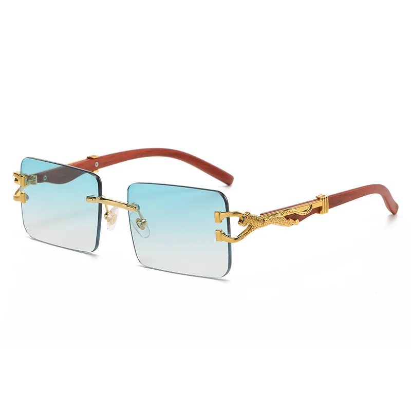 

New Square Rimless Sunglasses Women Retro Leopard Decoration Clear Ocean Lens Eyewear Men Sun Glasses UV400 Shades Wooden