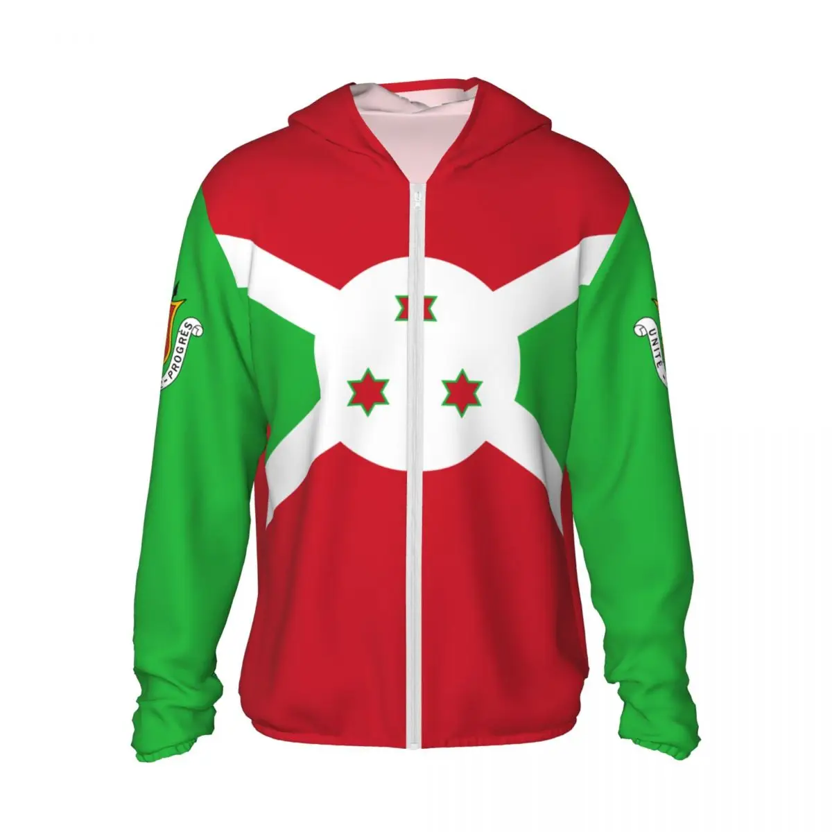 

Burundi Flag Polyester Hoodie Sunscreen Sun Protection Fishing Running Clothes Quick Dry Performance Long Sleeve With Zipper