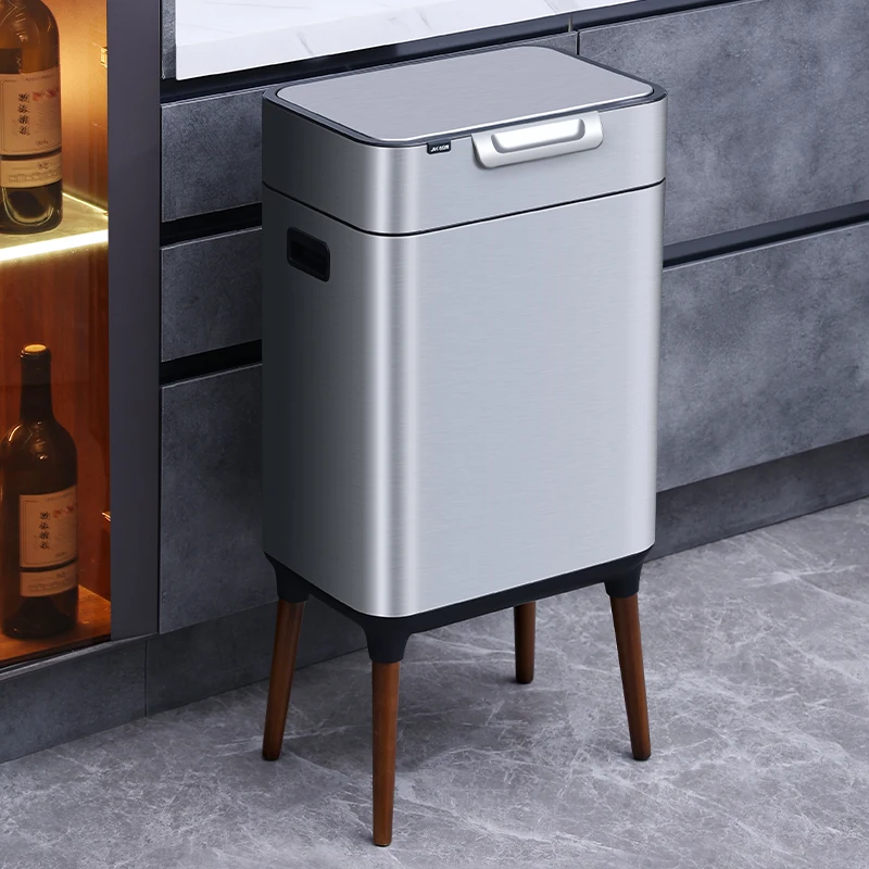 

Kitchen sorting garbage can, household press-on living room office, stainless steel high legs with lid, light luxury