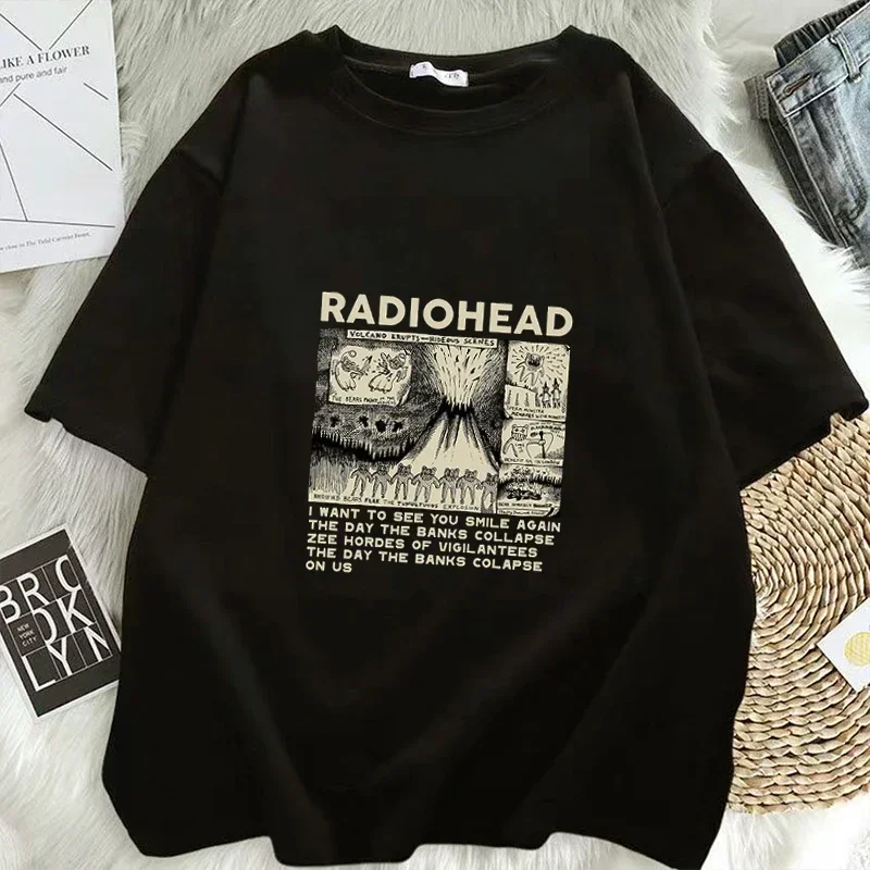 

Vintage Women T Shirt Radiohead Print Mens Oversized Unisex T-shirts Hip Hop Rock Band Music Album Tee Harajuku Male Top