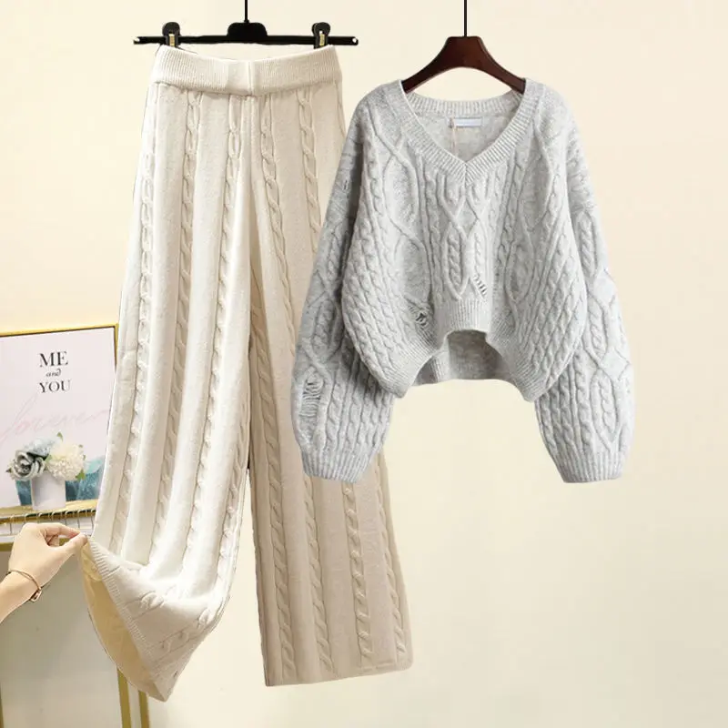 Autumn and Winter Set Women's 2023 New Large Women's Knitted Sweater Sweater Women's Style Slim Casual Pants Two Piece Set