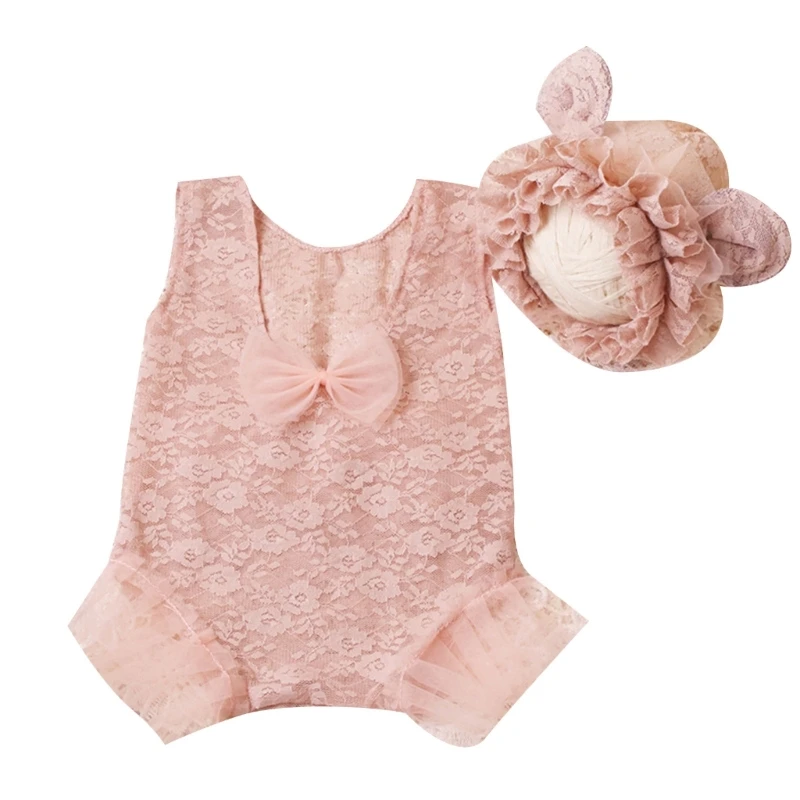 

Newborn Photo Props Bonnet Lace Jumpsuit Posing Clothes Baby Photography Suit Backless Princess Romper Infant Costume X90C