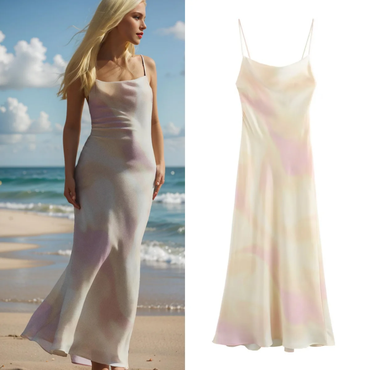 

Платье-миди женское атласное на бретельках с открытой спиной и принтом