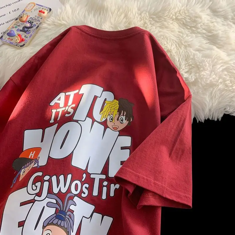 

American cartoon men round neck short-sleeved men trendy ins versatile street high-looking loose couple tops summer American top