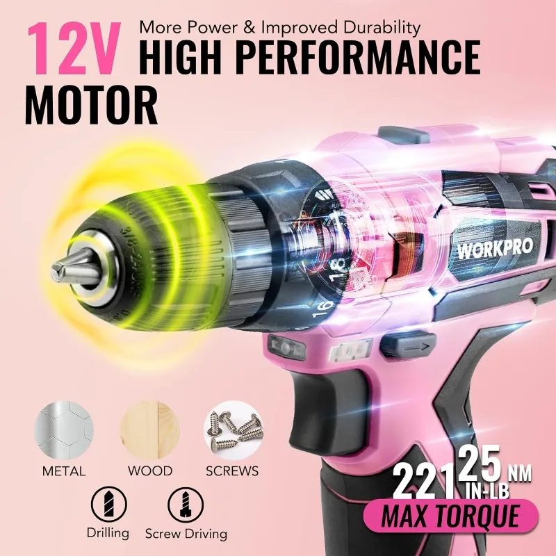 Pink Tool Set with Power Drill 108PCS Portable Ladies Pink Drill Kit for Home with Toolbox and Pink Hammer 1.5 Ah Cordless Drill AliExpress