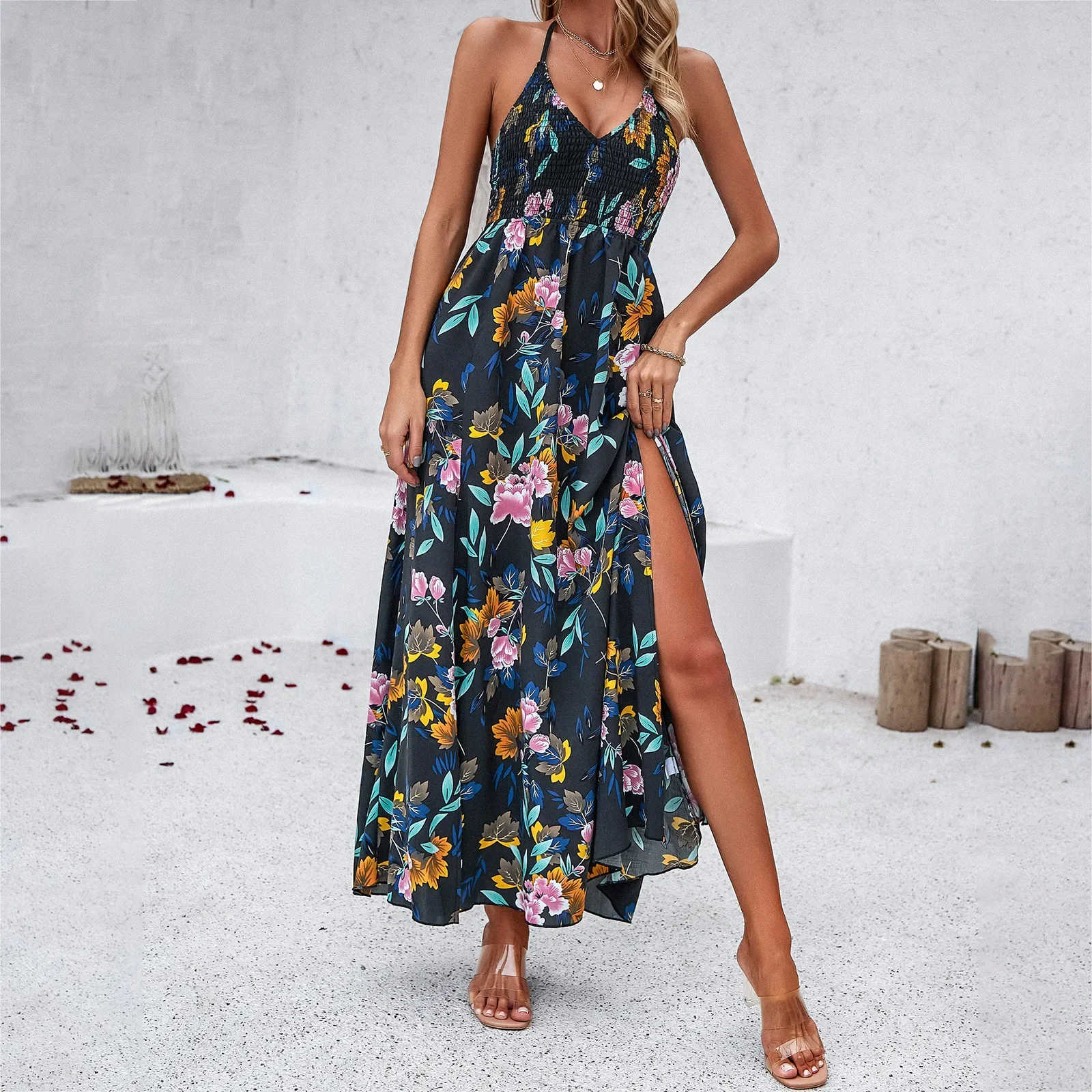 

Casual Holiday Slit Dresses Beach Print Suspenders Summer Dress for Women Sling Sleeveless Bare Shoulders Sexy Long Dress Vesido