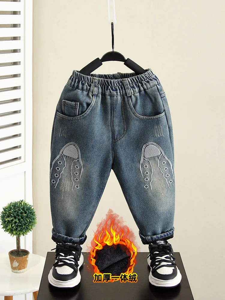 

Зимние джинсы для маленьких мальчиков, Детские утепленные Теплые повседневные джинсовые брюки с бархатной подкладкой, брюки для мальчиков и девочек 2-10 лет