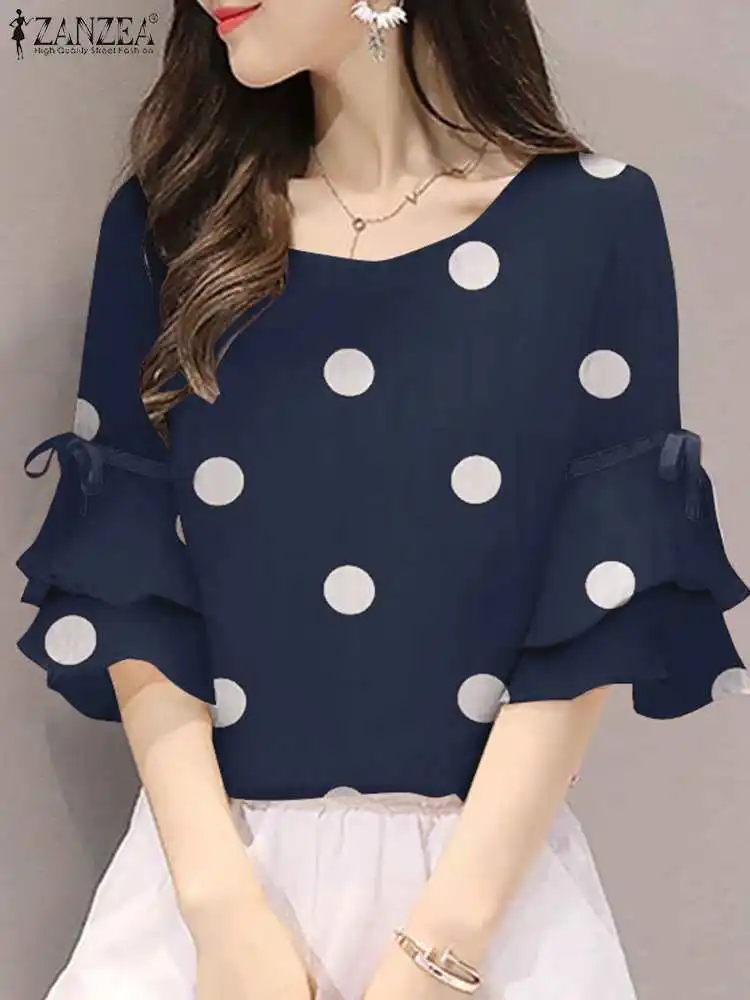 

Fashion 2023 Summer Spring Women Blouses ZANZEA Tops Polka Dots Printed Flounce Half Sleeve Female Blusas Casual Lace-Up Tunic