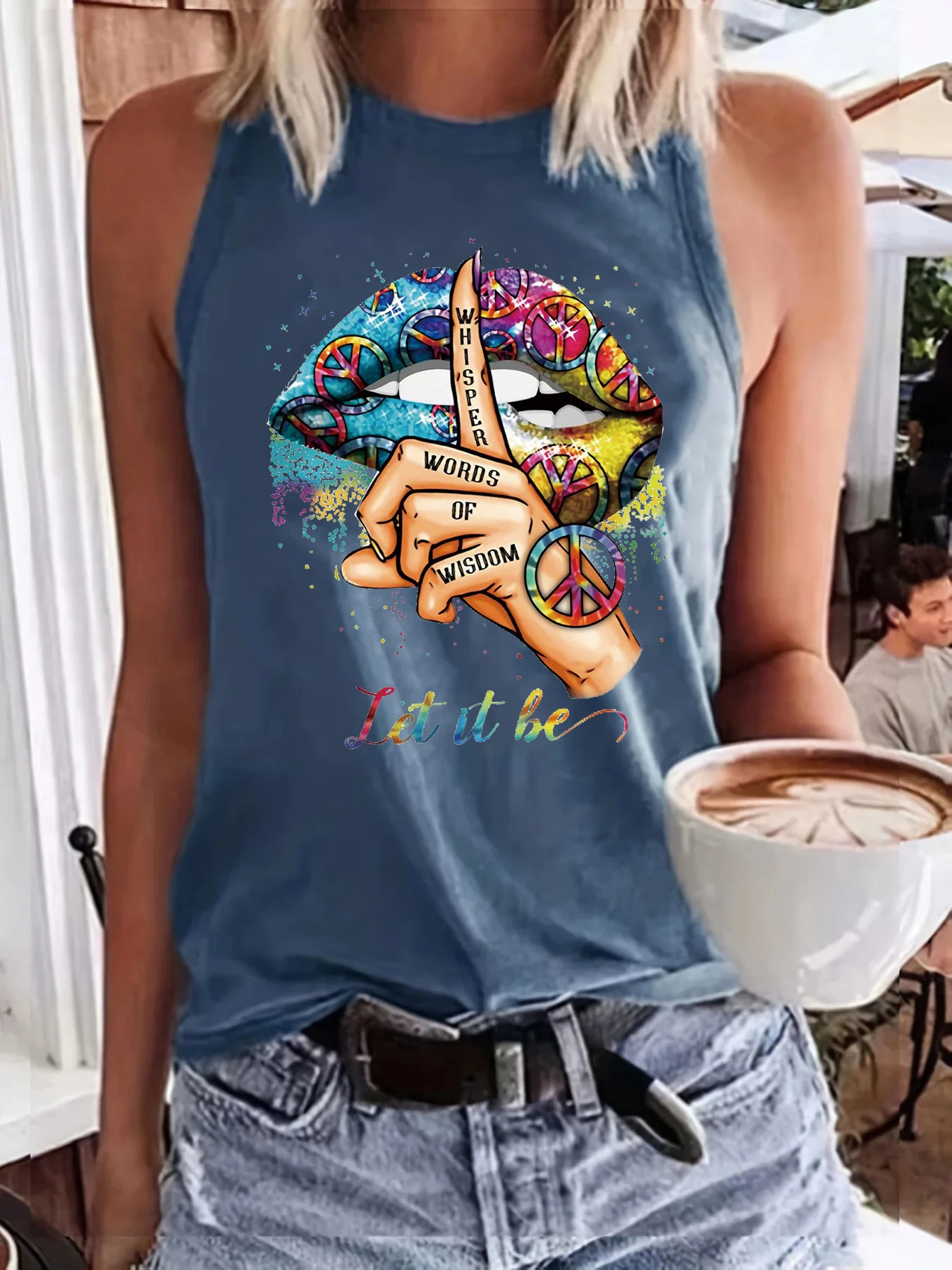 Summer Women's Colorful Lipprint Fingerprint Loose Size Round Neck Sleeveless Tank Top T-shirt