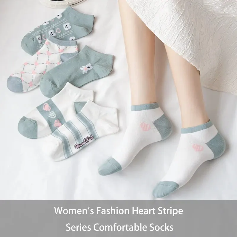 Women's Spring and Summer Low-cut Socks Cute Bears Sweet Heart-shaped Stripes Comfortable 6 Pairs