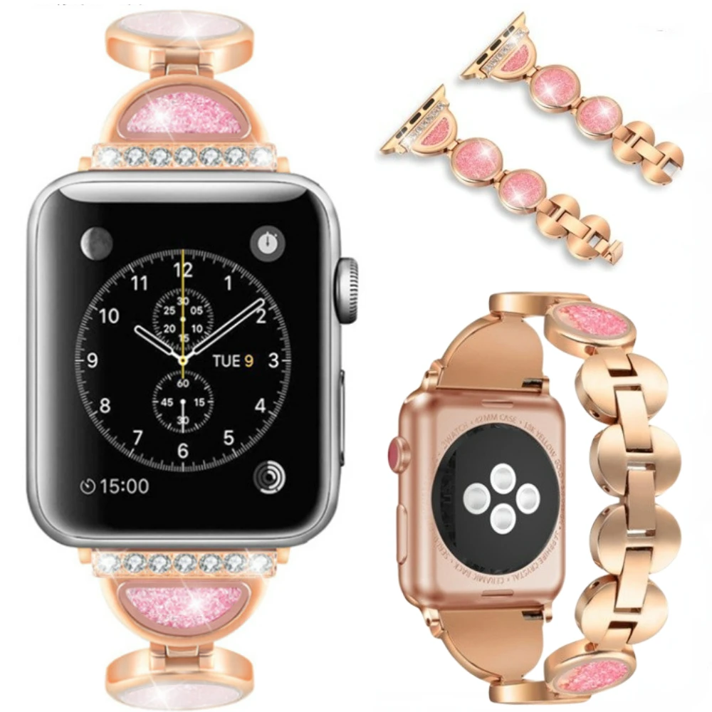 

Metal Strap for Apple Watch Band 44mm 40mm 45mm 41mm 42mm 49mm Quicksand set with diamonds Wristband iWatch Ultra 8 7 6 5 4 3 SE