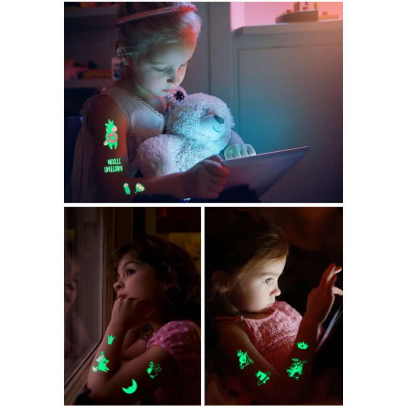 Tattoo Sticker Luminous Tattoo Stickers Temporary Colorful Animal Mermaid Dinosaur Tattoo 5 Sheets