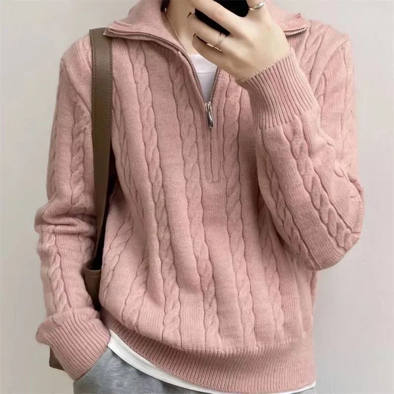 

Autumn Oversize Knitted Sweater Women Vintage Pullover Baggy Long Sleeve Zipper Sweaters Lady Half High Collar Korean