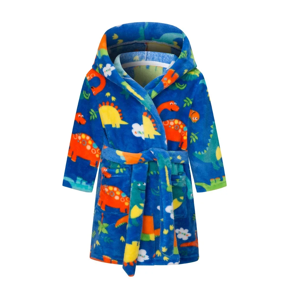 Kids Pajamas Set Hooded Dinosaur Printed Flannel Bathrobe Boys Astronaut Cartoon Soft Warm Long Sleeves