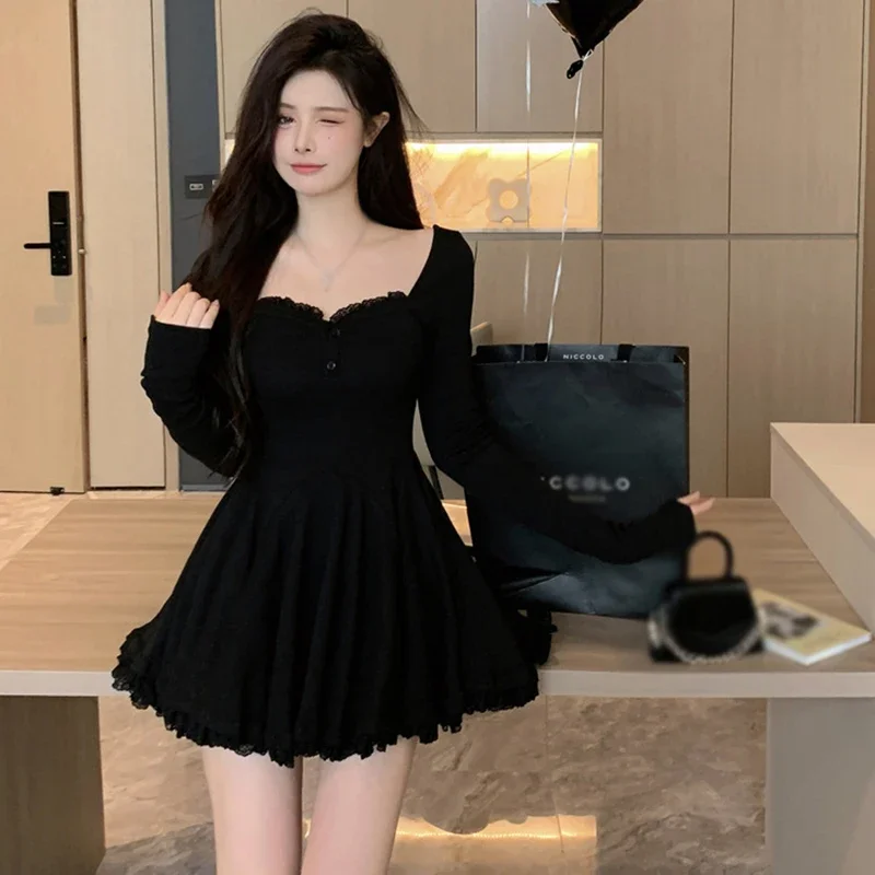 

Autumn Women Square Collar Korean Dress Short French Style Long Sleeve Collarbone Exposed Slim Dresses