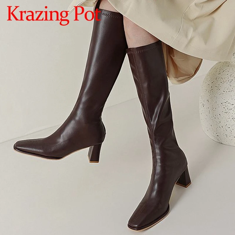 

Krazing Pot New Microfiber Square Toe Med Heels Riding Long Boots Brand High Fashion Causal Kpop Style Zipper Thigh High Boots