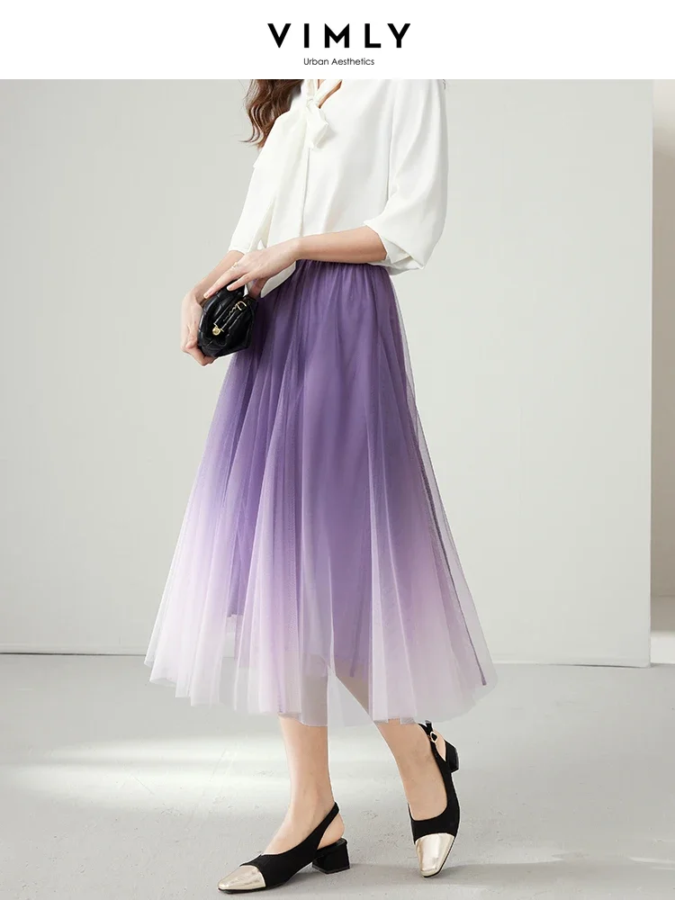 

Vimly Gradient Mesh Gauze Midi Skirts for Women 2023 Autumn New Fashion Elastic Waist A Line Female Flowy Skirt Clothes M2582