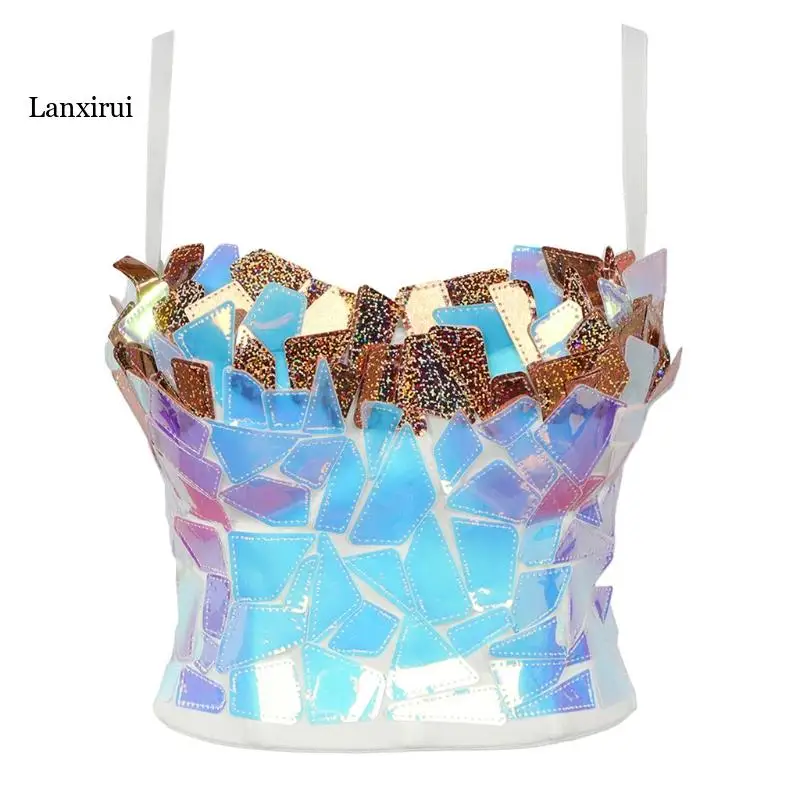 

Women Holographic Rainbow Sequins Bustier Bra Spaghetti Strap Corset Camisole Reflective Bralette Crop Top Women corset Clubwear