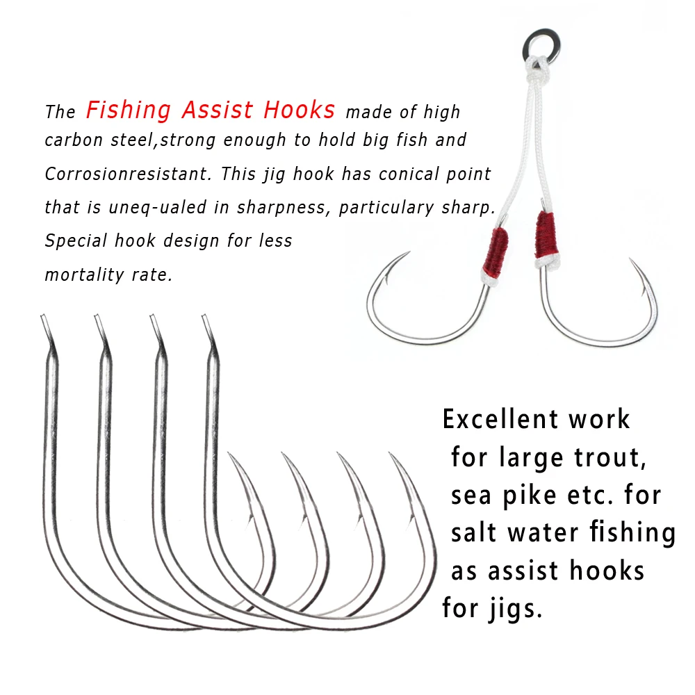 Bimoo 10PCS Bright Tin Slow Jigging Assist Hooks Bright Tin Fish Hooks  Trout Pike Saltwater Fishing Jigs lures Fishing Tackle