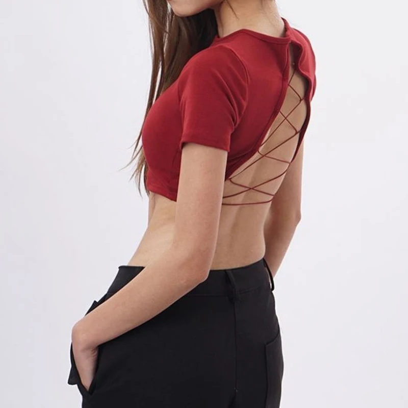 Women's O-neck Backless T-shirt Short Sleeve Solid Color Crop Top Summer Cute Baby Tee Y2K Clothes Skinny Tunics Fashion Tops