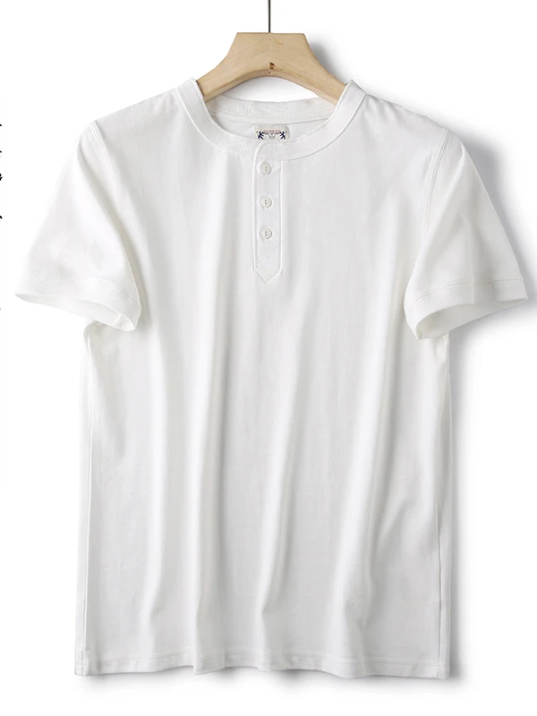 Heavyweight Pure Cotton Comfortable American Retro Sle Henry Collar  Color ort Sve T-irt Men Summer Casual Top