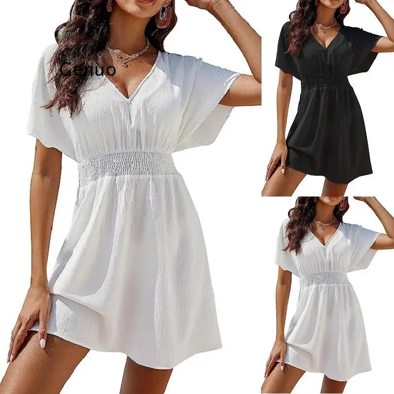 

2023 Summer New White Beach Sunscreen Skirt Casual V-Neck Pleated Dress for Women