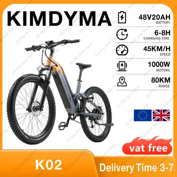 KIMDYMA K02 E-Bike con Batteria Rimovibile Panasonic 48V20AH, Autonomia 70-80KM, Velocità 25KM/h, 9 Velocità, Pneumatici 27.5x3.0 Pollici, E-Bike per Tutti i Terreni