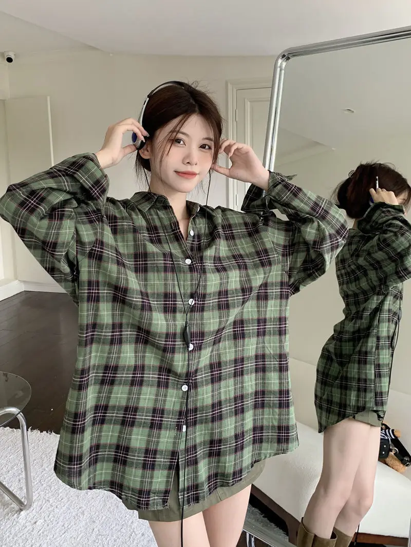Shirt Plaid Turn-Down Collar Retro Classic Design Women Baggy Long Sleeve Female Blouses Spring Summer BF Vintage Oversize Chic