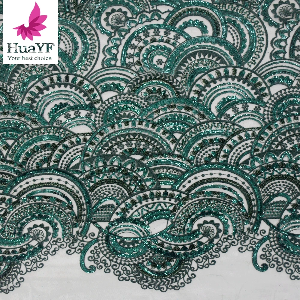 

French Emerald Green Lace Fabric 2023 for Bridal Wedding Tulle Beads Dress with Sequins 5 Yards HY1423