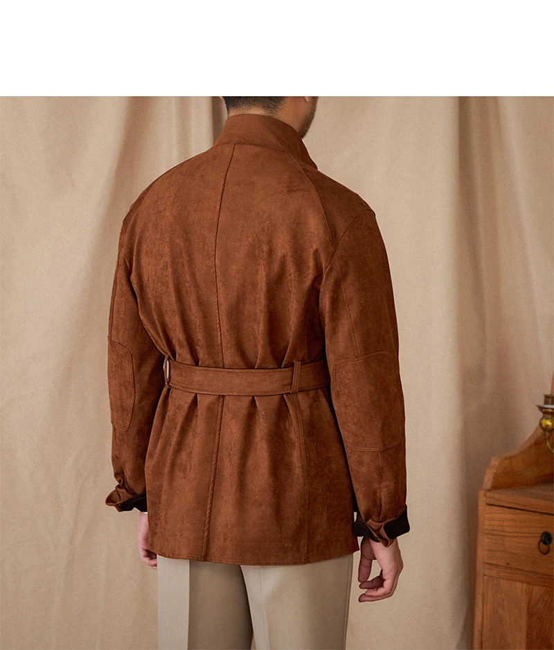 Gentry High-Style Wildleder-Jagdjacke, Gürtel, mehrere Taschen, warme, schmal geschnittene Freizeitjacke für Herren – Detail 23