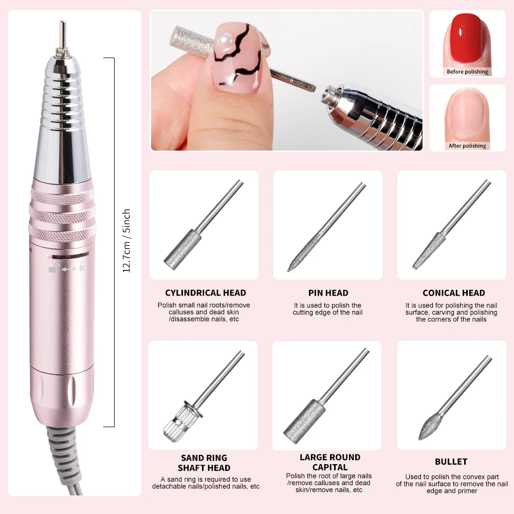 35000RPM Professional Low Noise Nail Drill Rechargeable Nail Art Electric Nail Drill Set Nail Art Tools Suitable for Home Nail 6