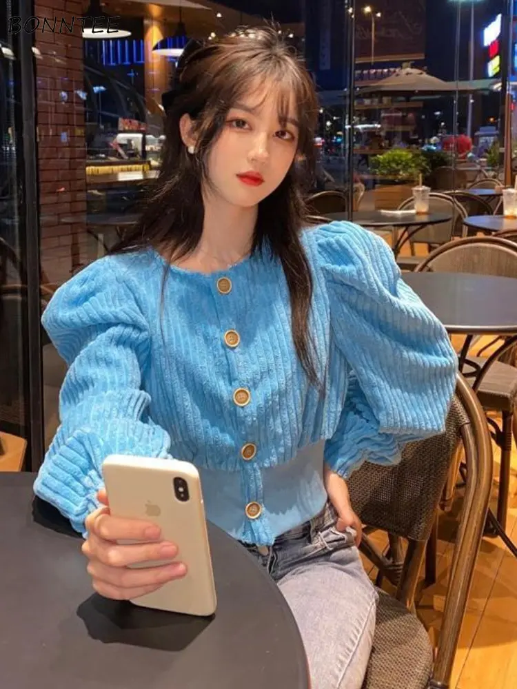 

Women Shirts Slim Simple Solid All-match High Street Elegant Korean Style Fashion Spring O-neck Puff Sleeve Leisure Ladies Retro