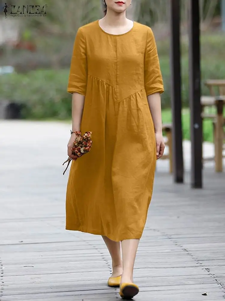 

ZANZEA Fashion Causal Dresses For Women Summer Half Sleeve Solid Dress Vintage O Neck Cotton Vestido Holiday Oversize Sundress