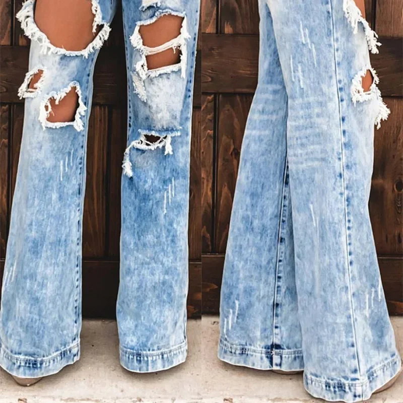 Sexy Women's Denim Pants Ripped Holes High Waist Casual Thin Trousers Boot Cut 2021 New Fashion Loose Female Boyfriend Jeans y2k