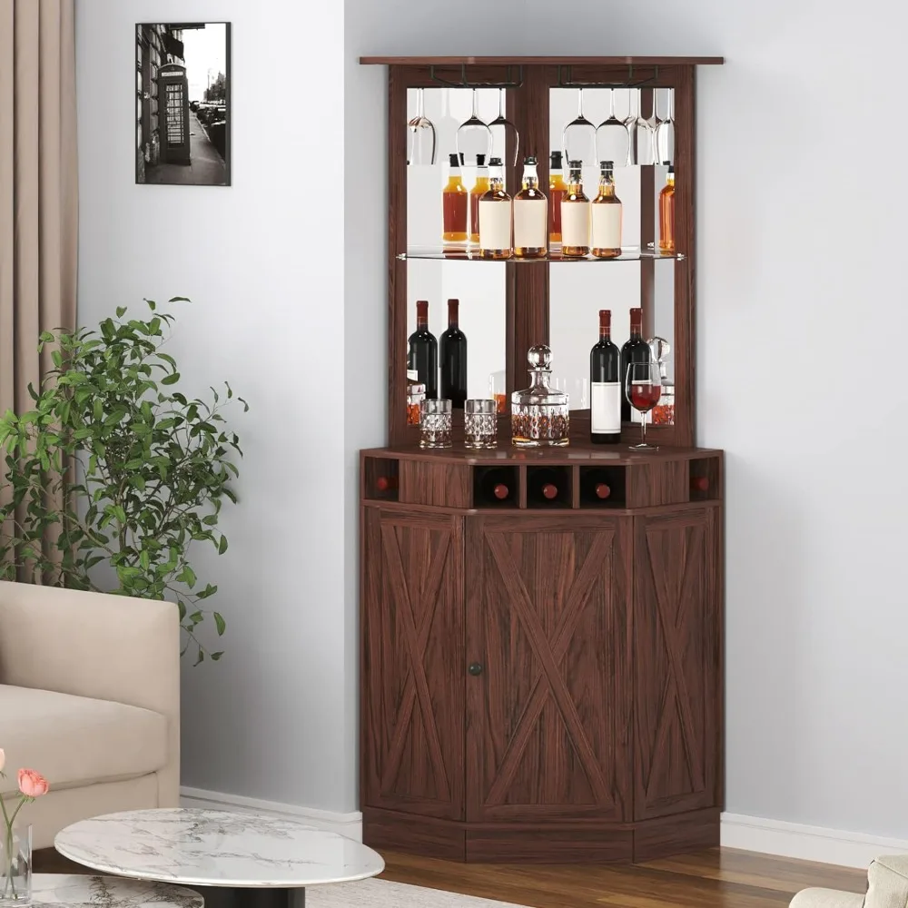 Corner Industrial Bar Cabinet, Wine Table for Liquor & Glasses, Sideboard Buffet Cabinet with Glass Holder, Bar Cabinet