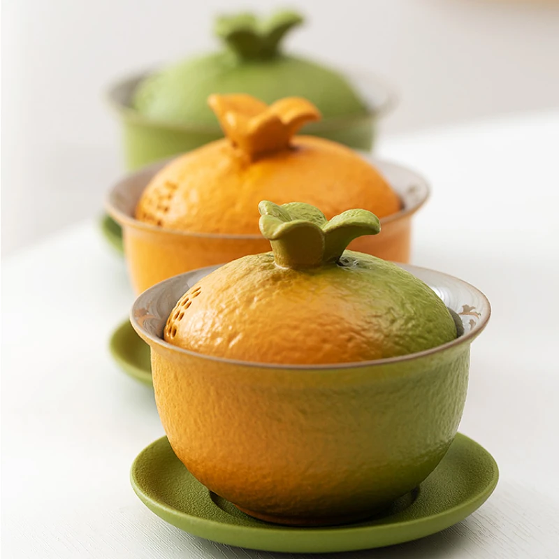 

Orange Gaiwan Kung Fu Tea Set Single Tea Brewing Bowl Ceramic Tea Ceremony Bowl Household Tea Drinking Artifact