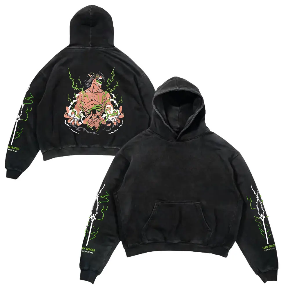 Anime Cotton Washed Hoodies Graphic Vintage Attack On Titan Print Y2K Hooded Sweatshirts Oversized Aesthetic Streetwear Pullover
