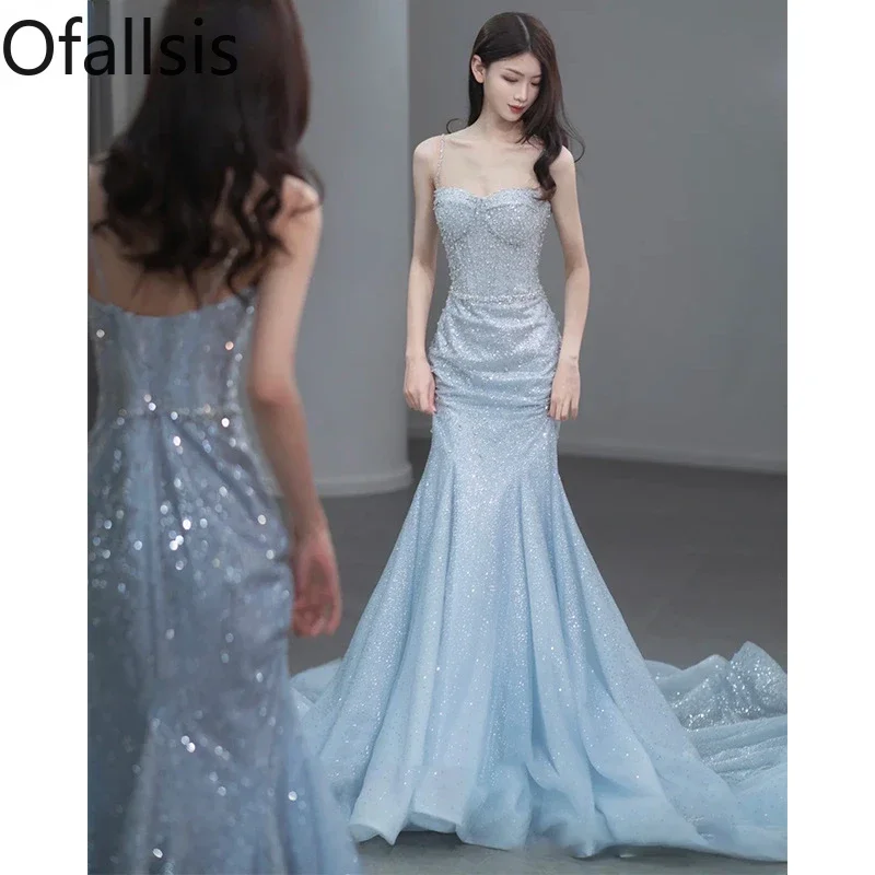 

Ofallsis Blue Sequins Toast Bride French Strap Fishtail Dress 2024 Aummer New Fairy Gentle Art Exam Host Banquet Evening Dresses