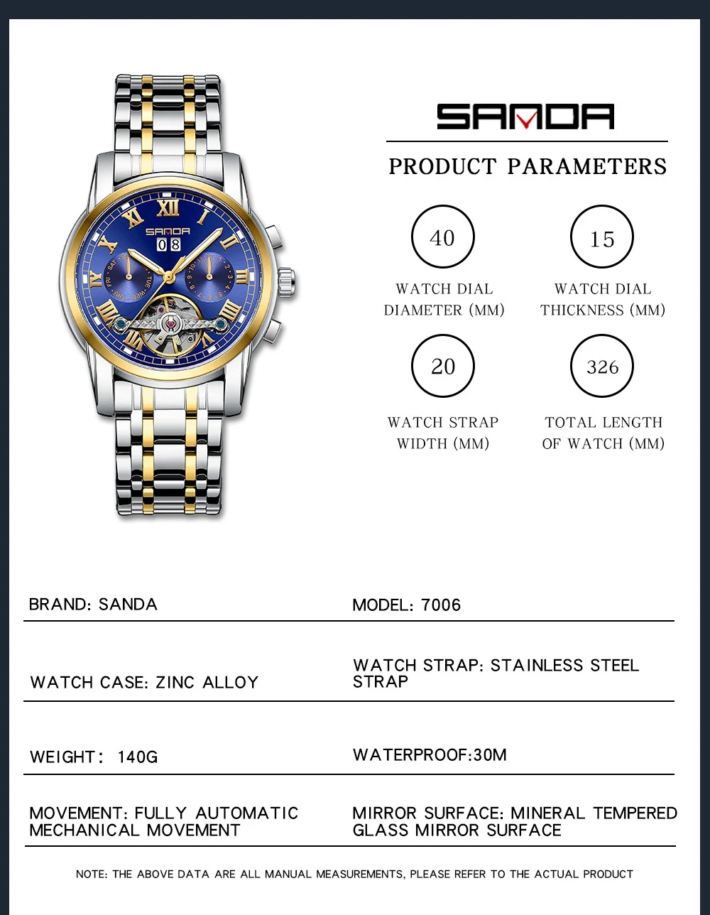 New Sanda 7006 Product 7006 Men's Fully Automatic Mechanical Steel Belt Watch Fashion Calendar Hollow Men's Watch
