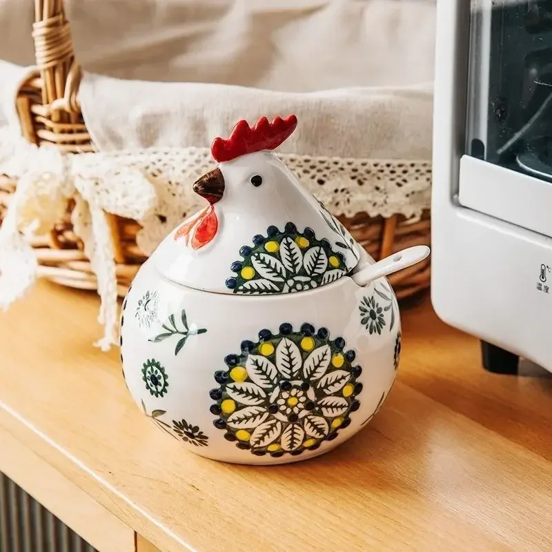 Rooster Shaped Lidded Seasoning Jar Household Large Capacity Ceramic Seasoning Box Salt Jar Spicy Moisture-proof Dust-proof