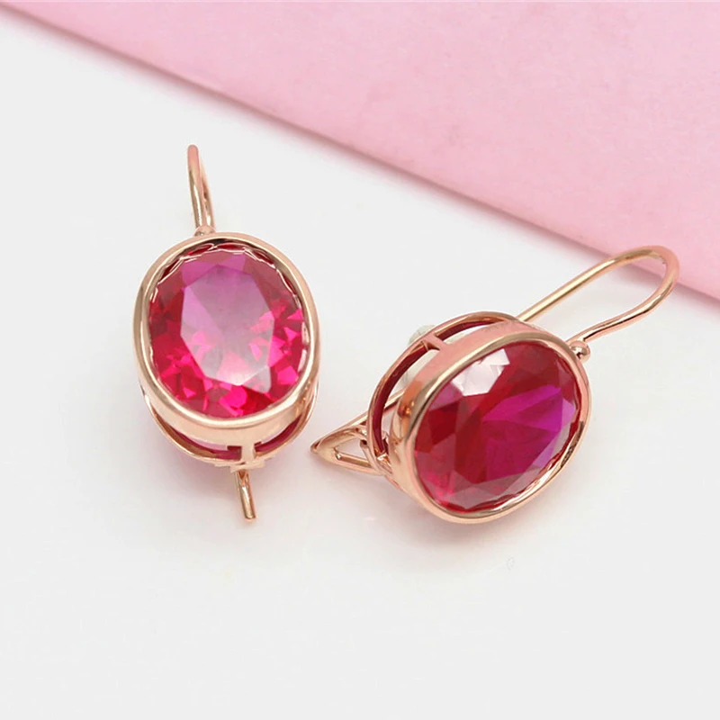 

Simple style 585 purple gold 14K rose gold inlaid oval ruby earrings for women elegant and light luxury engagement jewelry