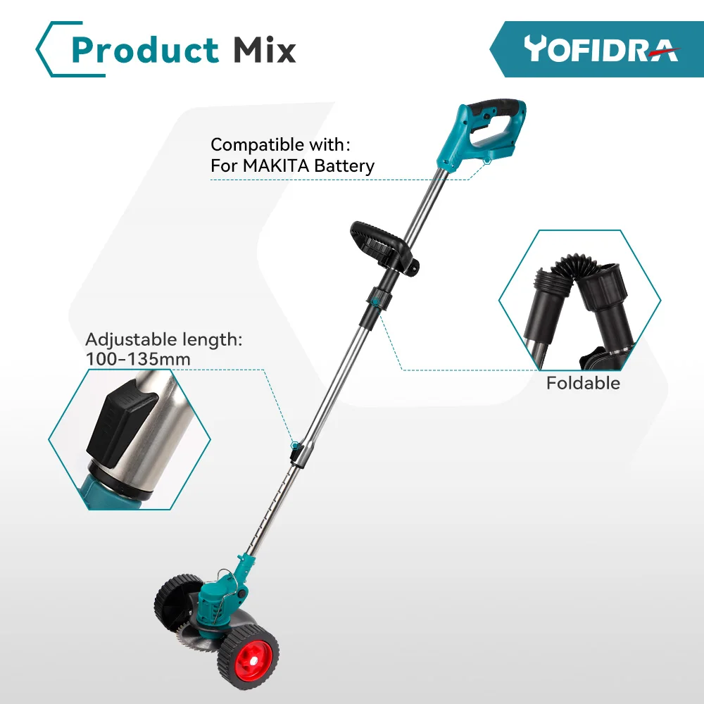 YOFIDRA Electric Lawn Mower Cordless Foldable Adjustable Trimmer Efficient Garden Pruning Cutting Power Tools For Makita 18V Bat 3
