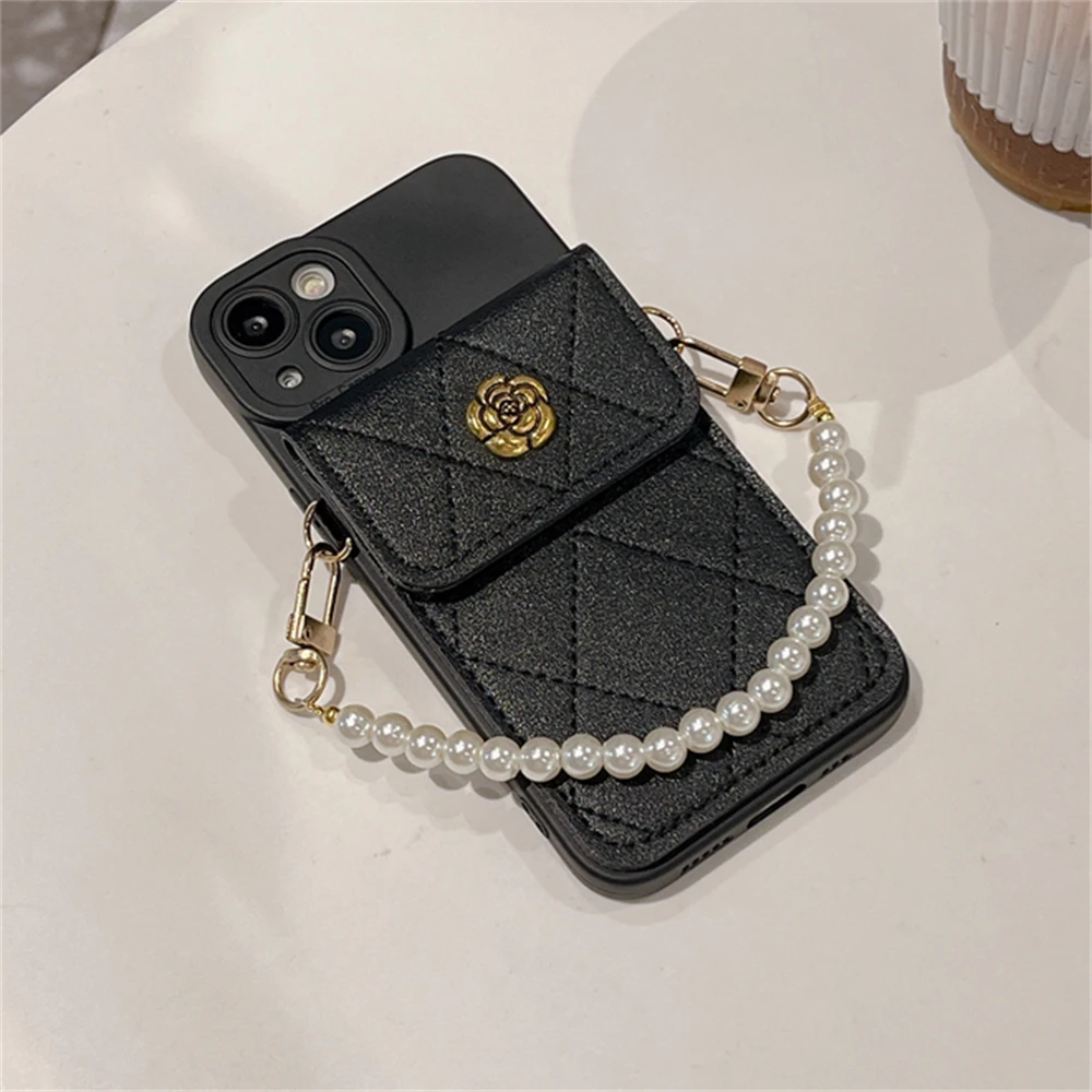 Korea 3D Kamelie Blume Karte Tasche Perle Kette Silikon Weiche Fall Für iPhone 16 15 14 Pro Max 13 12 11 X XR 8 Plus Stoßfest Abdeckung_voghion.com