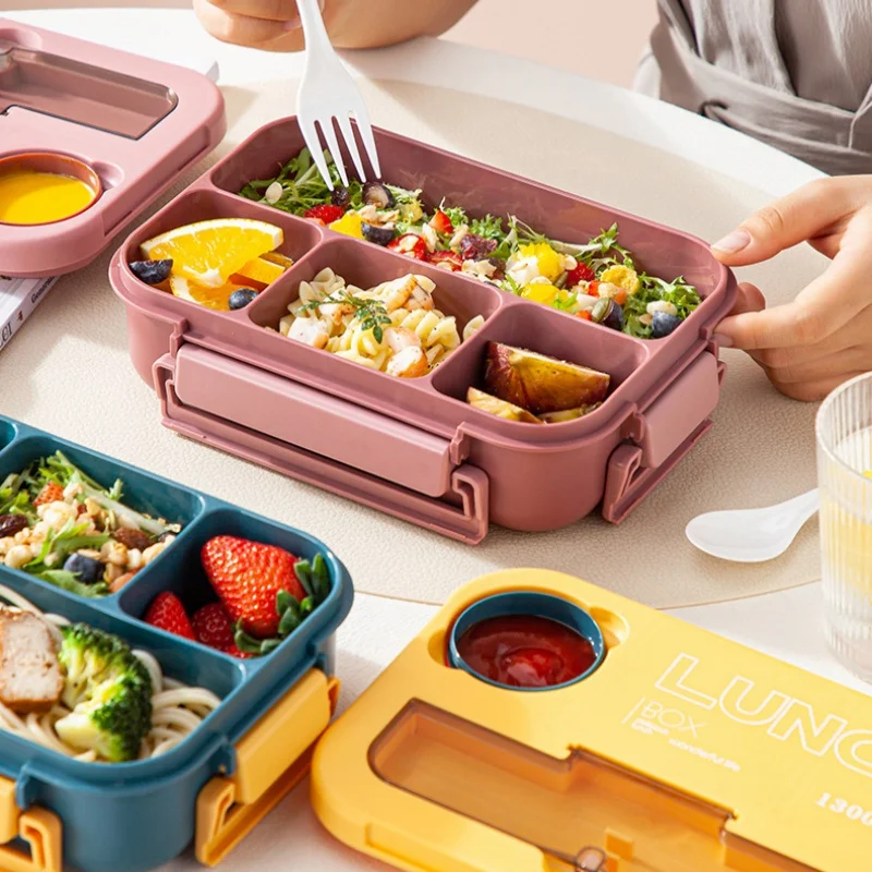 Lunch Box Compartment 1300ML Portable Kids Students Office Bento Box With Fork and Spoon Microwave Food Storage Container